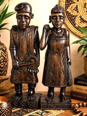 VTG West African Folk Art Hand-Carved Wood Tribal Couple Statues Pair 19.25"Tall